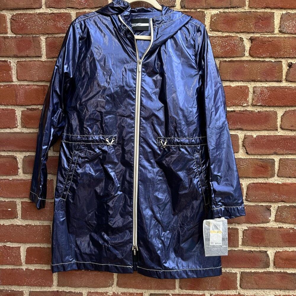 Jane Post $475 Metallic Rain coat Parka Jacket Hooded Blue Womens Medium NEW